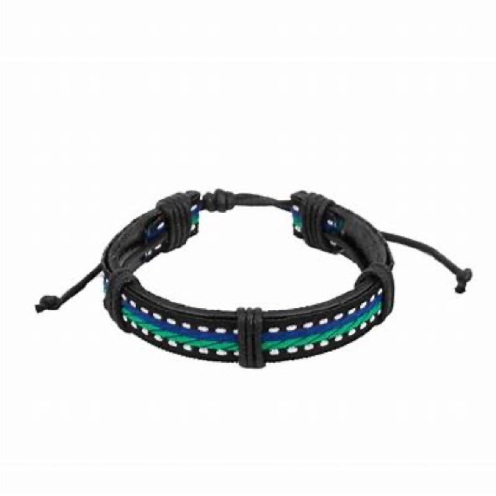 Blue, green, and white thread adjustable sliding knot bracelet.